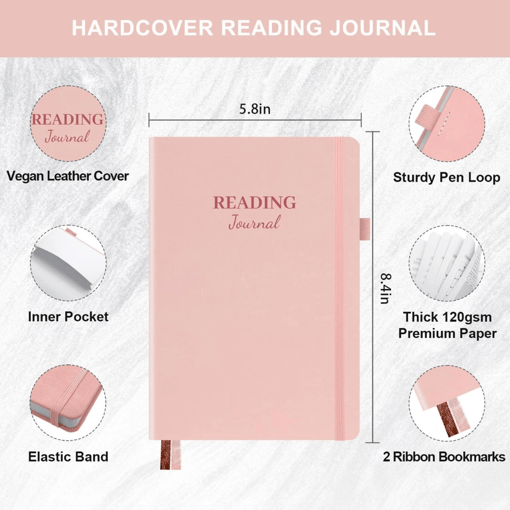 Pink A5 Reading Journal Hardcover Book Log Tracker 104 Pages