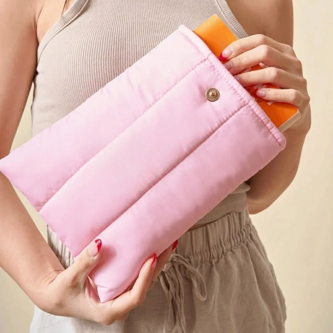 Pink Padded Book Sleeve - Protective Cushion Pouch with Gold Snap